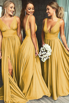 Deep V-Neck Backless Yellow Long Bridesmaid Dress with Slit