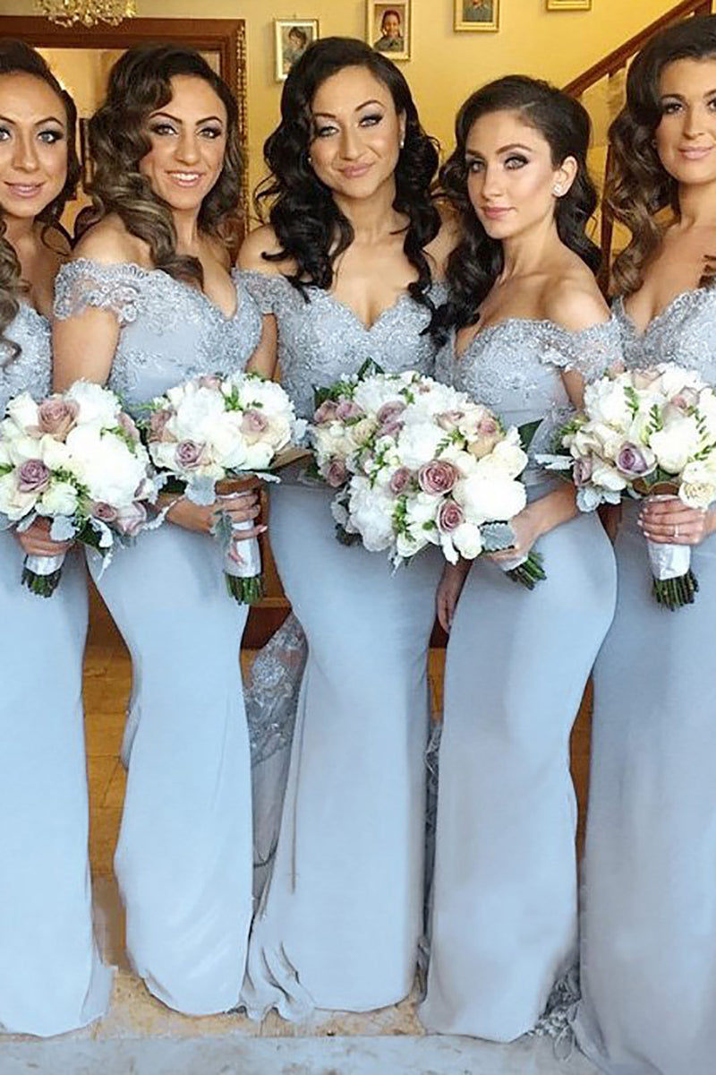 Load image into Gallery viewer, Mermaid Off The Shoulder Light Blue Bridesmaid Dress with Lace