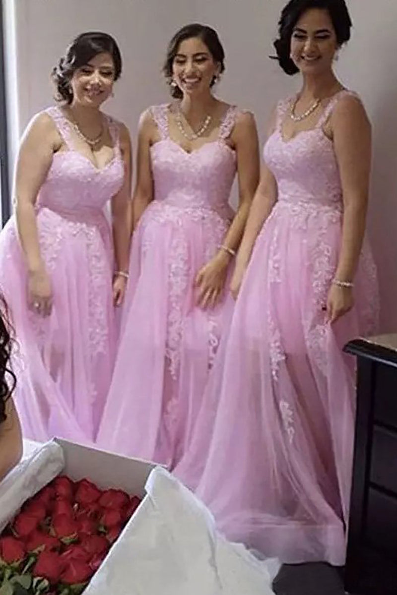 Load image into Gallery viewer, Tulle A-Line Light Pink Long Bridesmaid Dress with Appliques