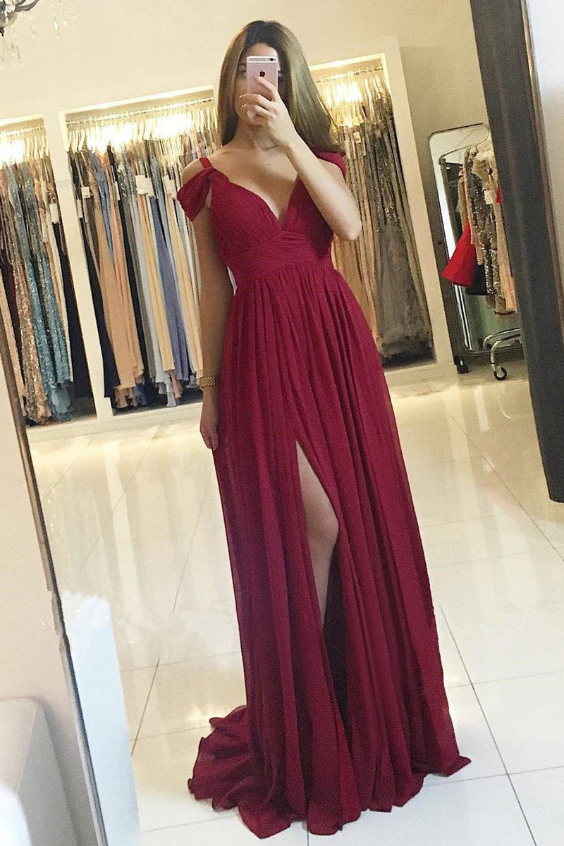 Load image into Gallery viewer, Cold Shoulder Burgundy Long Bridesmaid Dress with Slit