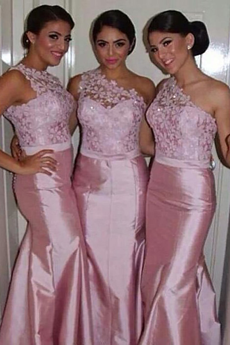 Load image into Gallery viewer, One Shoulder Mermaid Pink Long Bridesmaid Dress with Button