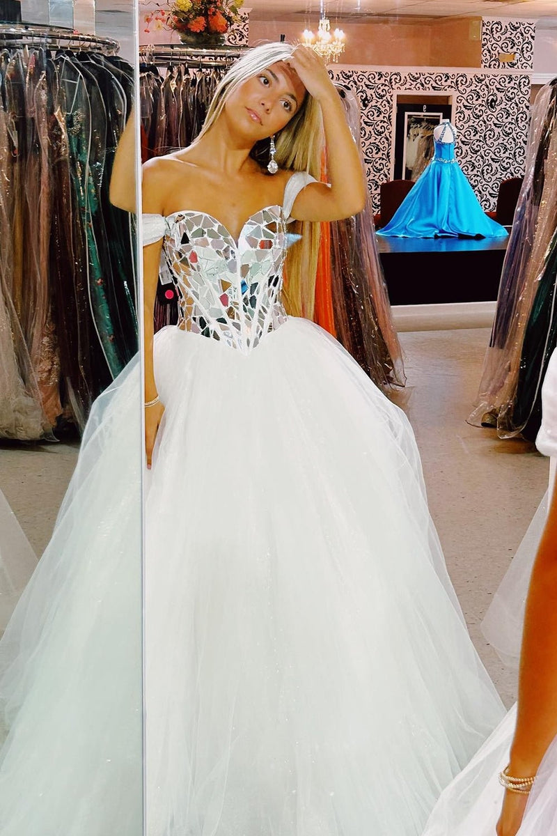 Load image into Gallery viewer, Sparkly White Corset Tulle Long Prom Dress