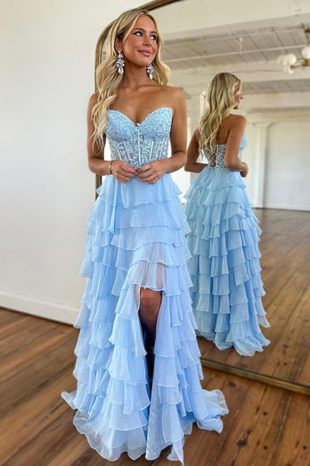 Light Blue Sweetheart Corset Prom Dress with Slit