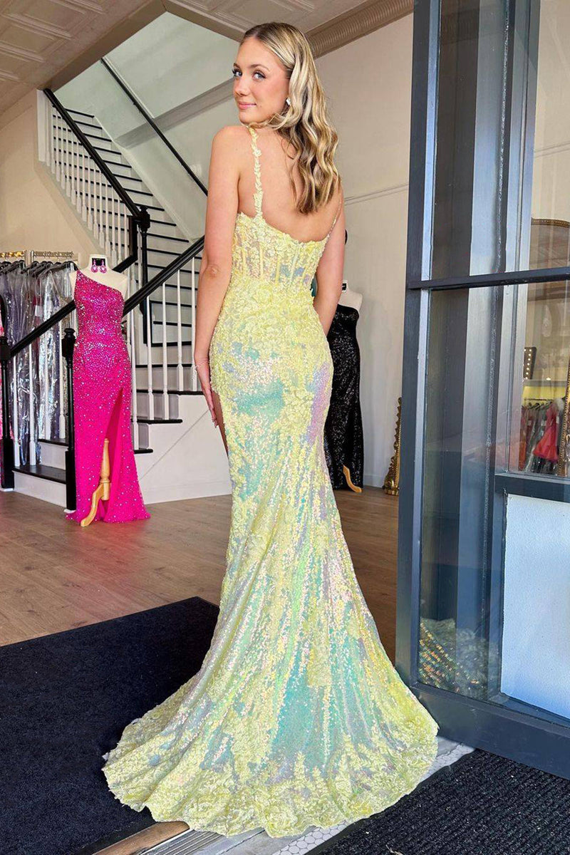 Load image into Gallery viewer, Sparkly Yellow Mermaid Corset Long Prom Dress with Lace