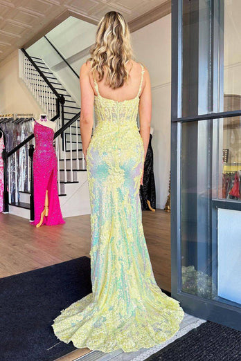 Sparkly Yellow Mermaid Corset Long Prom Dress with Lace