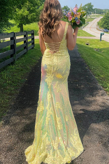 Sparkly Yellow Mermaid Corset Long Prom Dress with Lace