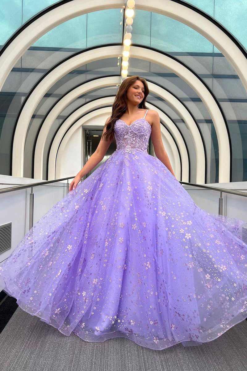 Load image into Gallery viewer, Sparkly Lilac A-Line Long Prom Dress with Lace