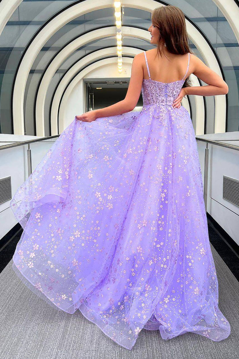 Load image into Gallery viewer, Sparkly Lilac A-Line Long Prom Dress with Lace