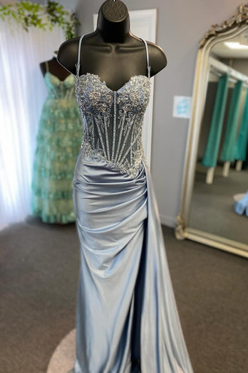 Glitter Mermaid Silver Long Corset Prom Dress with Slit