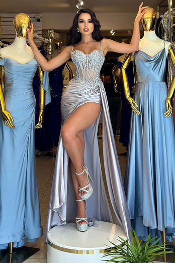 Glitter Mermaid Silver Long Corset Prom Dress with Slit