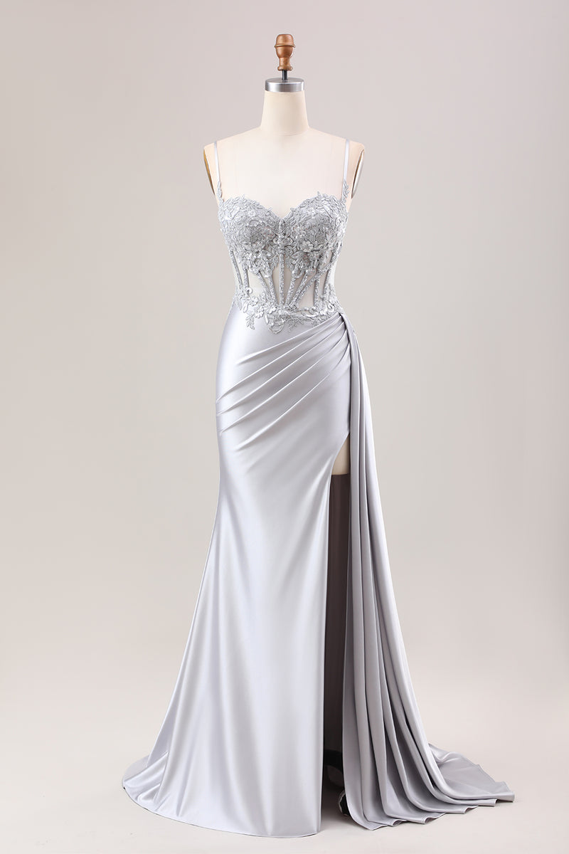 Load image into Gallery viewer, Glitter Mermaid Silver Long Corset Prom Dress with Slit
