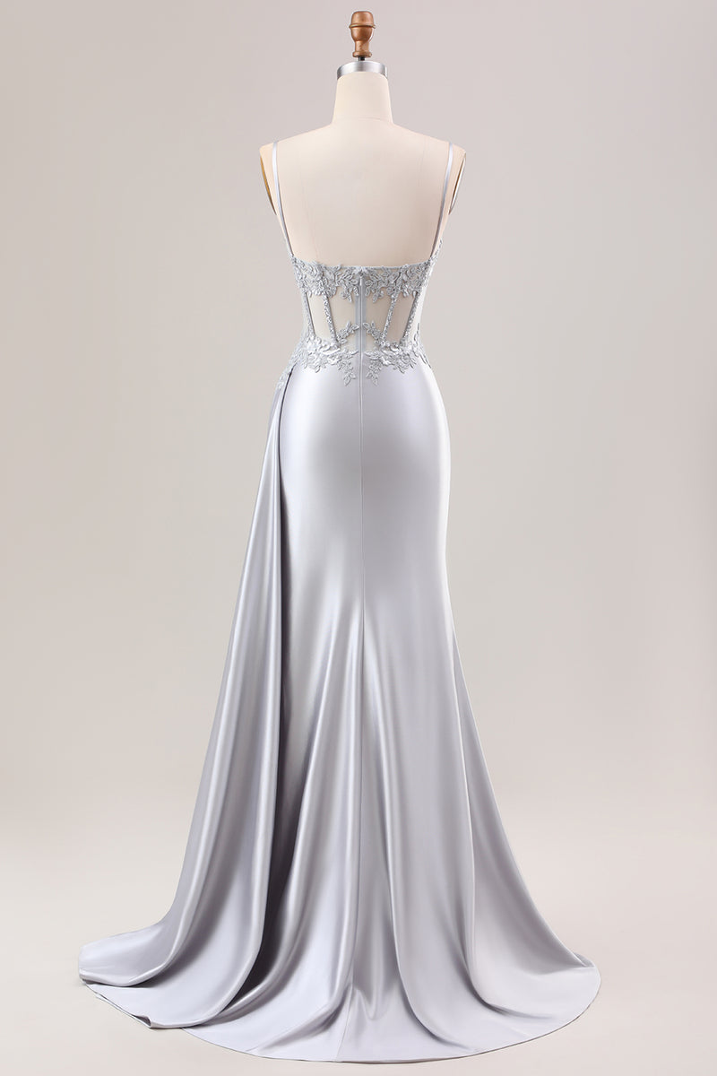 Load image into Gallery viewer, Glitter Mermaid Silver Long Corset Prom Dress with Slit