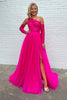 Load image into Gallery viewer, A-Line One Shoulder Fuchsia Tulle Prom Dress with Lace