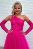 Load image into Gallery viewer, A-Line One Shoulder Fuchsia Tulle Prom Dress with Lace