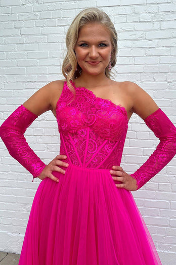 A-Line One Shoulder Fuchsia Tulle Prom Dress with Lace