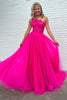 Load image into Gallery viewer, A-Line One Shoulder Fuchsia Tulle Prom Dress with Lace