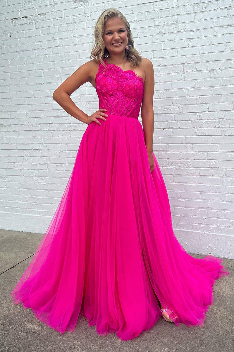 Load image into Gallery viewer, A-Line One Shoulder Fuchsia Tulle Prom Dress with Lace