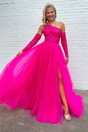 A-Line One Shoulder Fuchsia Tulle Prom Dress with Lace