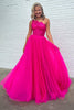 Load image into Gallery viewer, A-Line One Shoulder Fuchsia Tulle Prom Dress with Lace