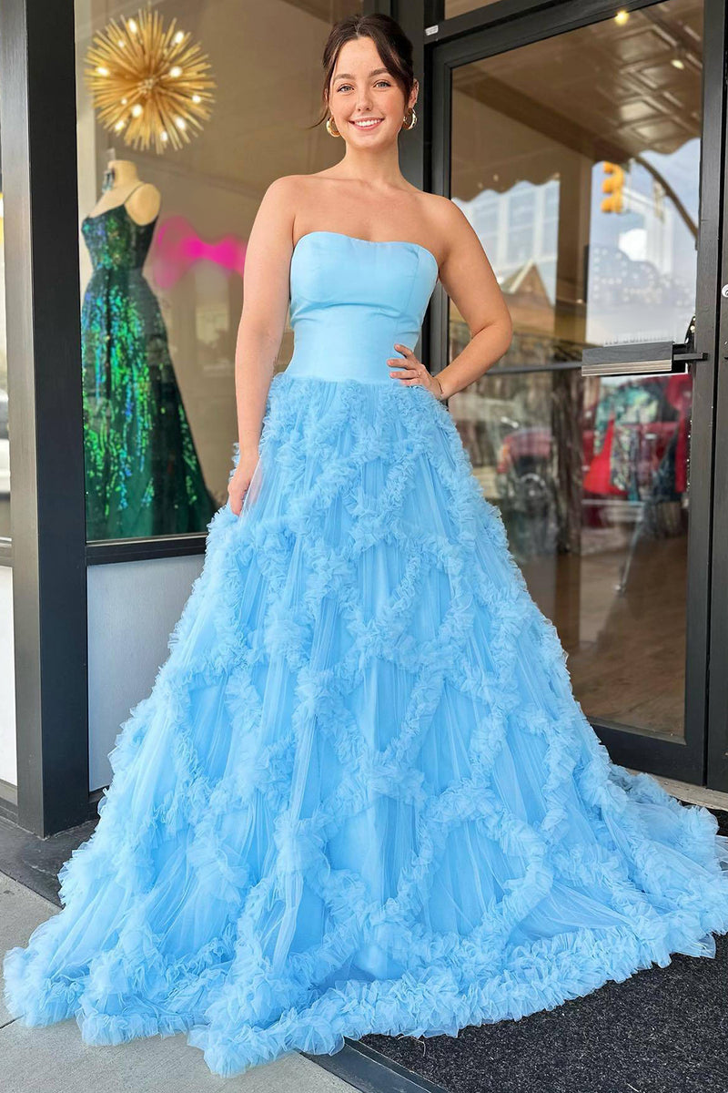 Load image into Gallery viewer, Light Blue Princess Tulle Long Ruffled Prom Dress