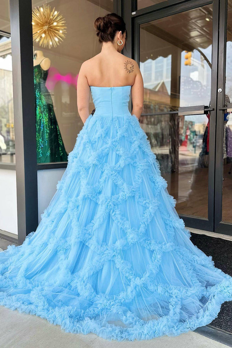 Load image into Gallery viewer, Light Blue Princess Tulle Long Ruffled Prom Dress