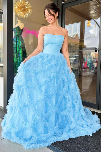 Light Blue Princess Tulle Long Ruffled Prom Dress