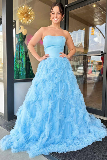 Light Blue Princess Tulle Long Ruffled Prom Dress