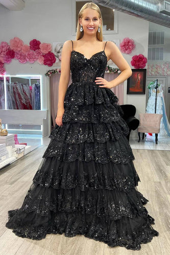 Sparkly Black Corset Lace Ruffled Long Prom Dress