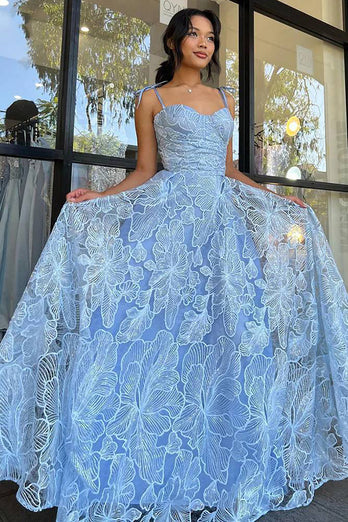 Light Blue Princess Spaghetti Straps Long Prom Dress with Appliques