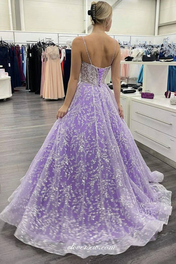 Sparkly Corset Lavender Long Prom Dress with Lace