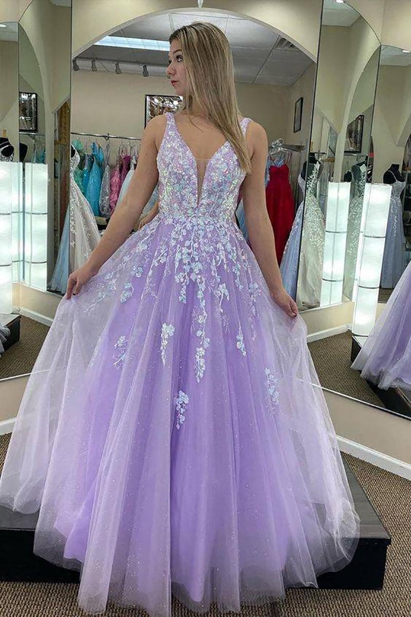 Load image into Gallery viewer, Sparkly Lilac A-Line Long Prom Dress with Appliques