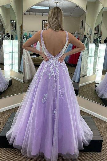 Sparkly Lilac A-Line Long Prom Dress with Appliques