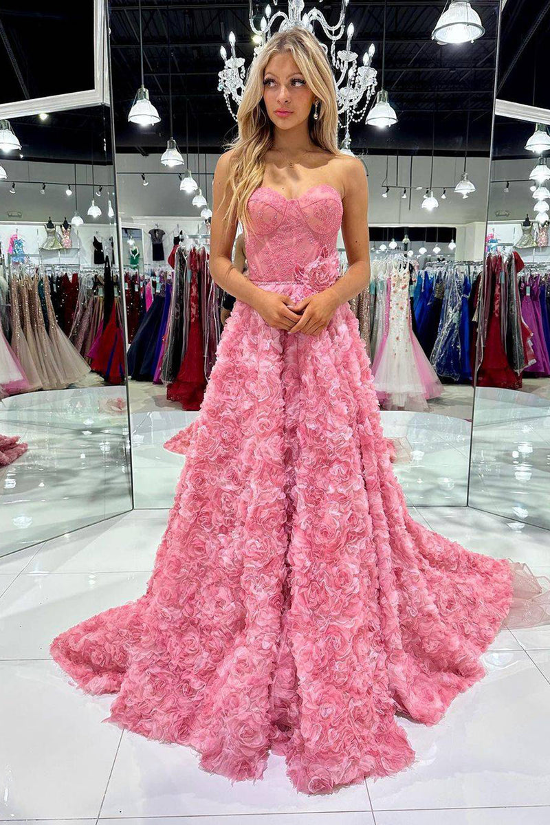 Load image into Gallery viewer, Coral Corset Sweetheart Long Prom Dress with Flowers