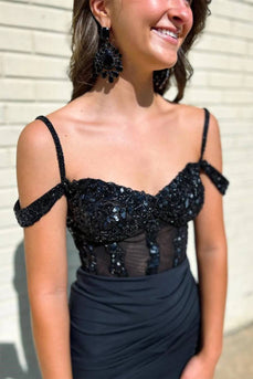 Sparkly Black Mermaid Long Corset Prom Dress with Slit