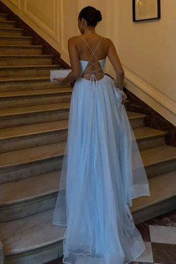 Sky Blue A-Line Tulle Long Prom Dress with Slit