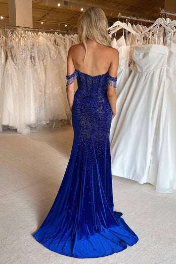 Sparkly Dark Navy Corset Long Prom Dress with Fringes