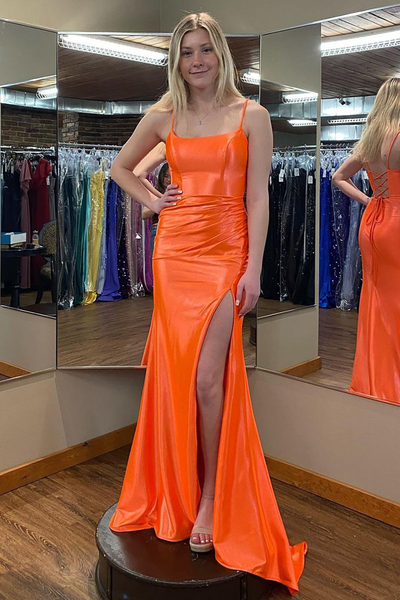 Load image into Gallery viewer, Orange Mermaid Long Ruched Prom Dress with Slit