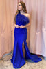 Load image into Gallery viewer, Royal Blue Feathered Mermaid Long Prom Dress with Slit