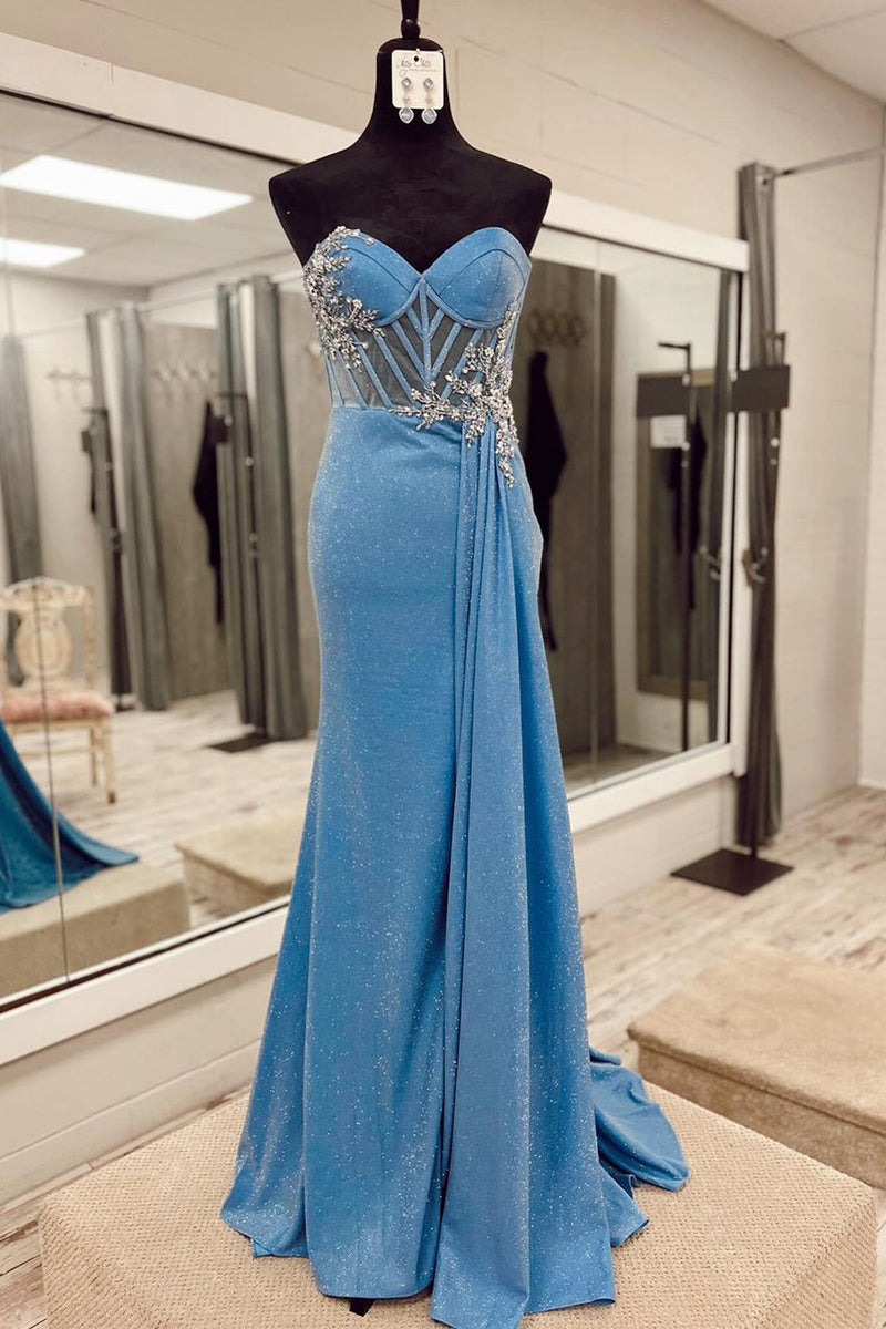 Load image into Gallery viewer, Sparkly Corset Blue Mermaid Long Prom Dress with Beadings