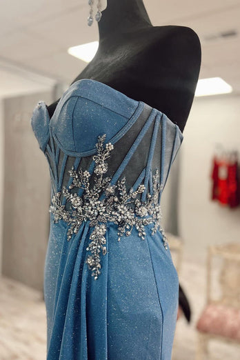 Sparkly Corset Blue Mermaid Long Prom Dress with Beadings