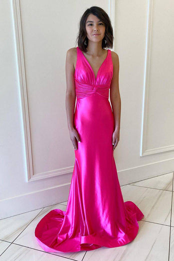 Fuchsia Ruched Mermaid Long Prom Dress