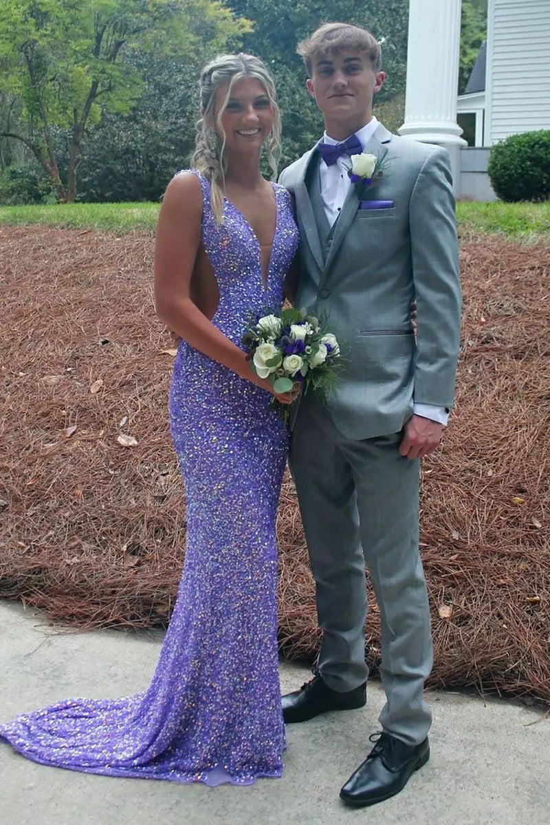 Load image into Gallery viewer, Sparkly Purple Mermaid Long Sequin Prom Dress