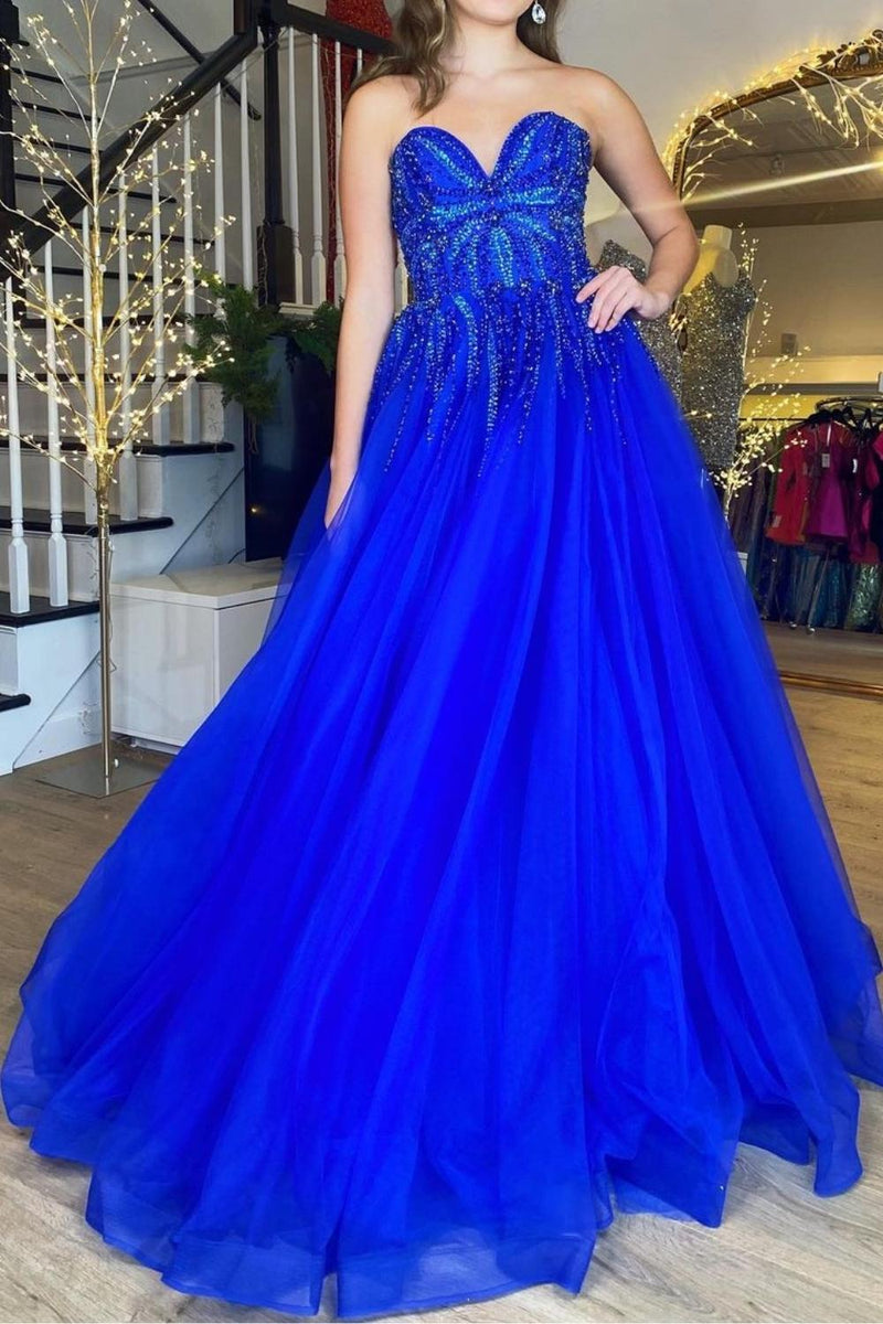 Load image into Gallery viewer, Sparkly Royal Blue Corset Long Prom Dress with Beadings