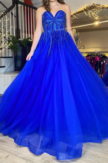 Sparkly Royal Blue Corset Long Prom Dress with Beadings