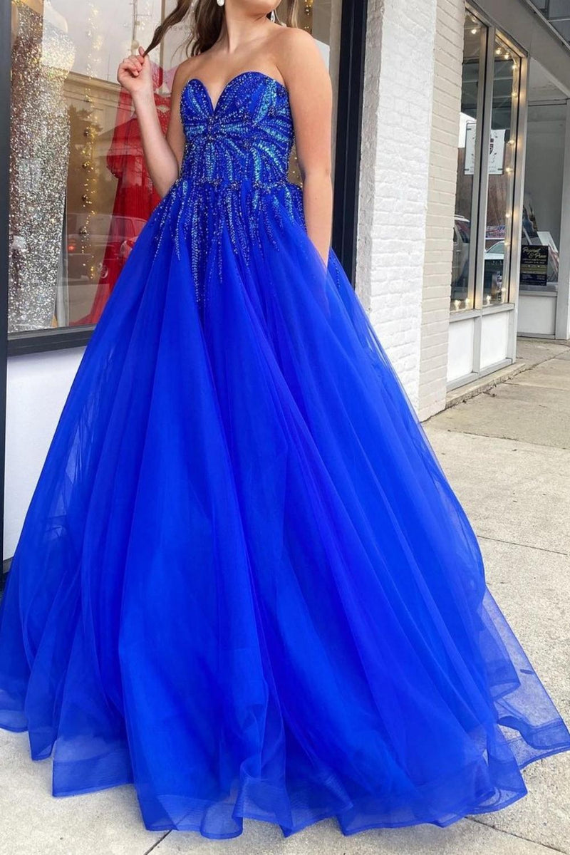 Load image into Gallery viewer, Sparkly Royal Blue Corset Long Prom Dress with Beadings