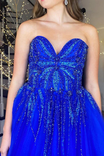 Sparkly Royal Blue Corset Long Prom Dress with Beadings