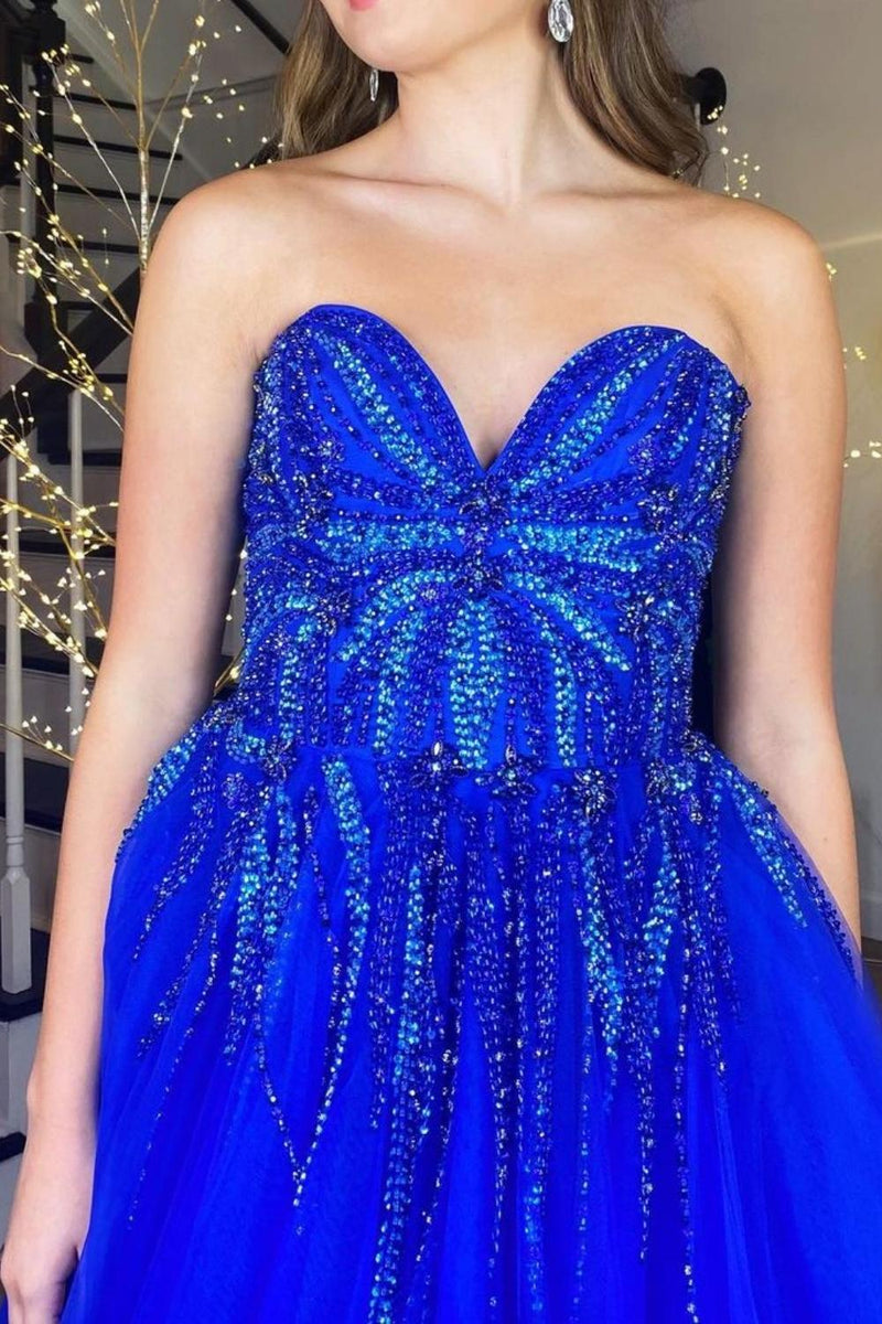 Load image into Gallery viewer, Sparkly Royal Blue Corset Long Prom Dress with Beadings