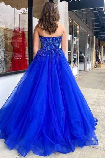 Sparkly Royal Blue Corset Long Prom Dress with Beadings