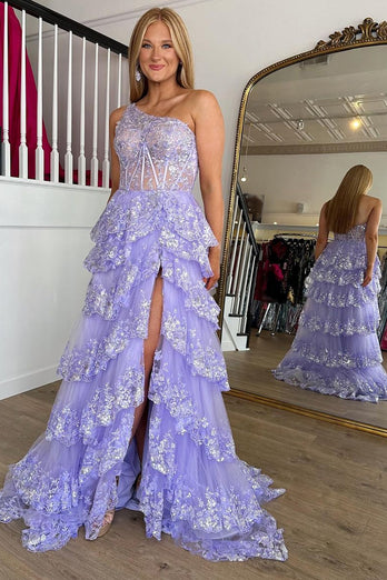 Lilac Corset Ruffled Long Prom Dress with Slit