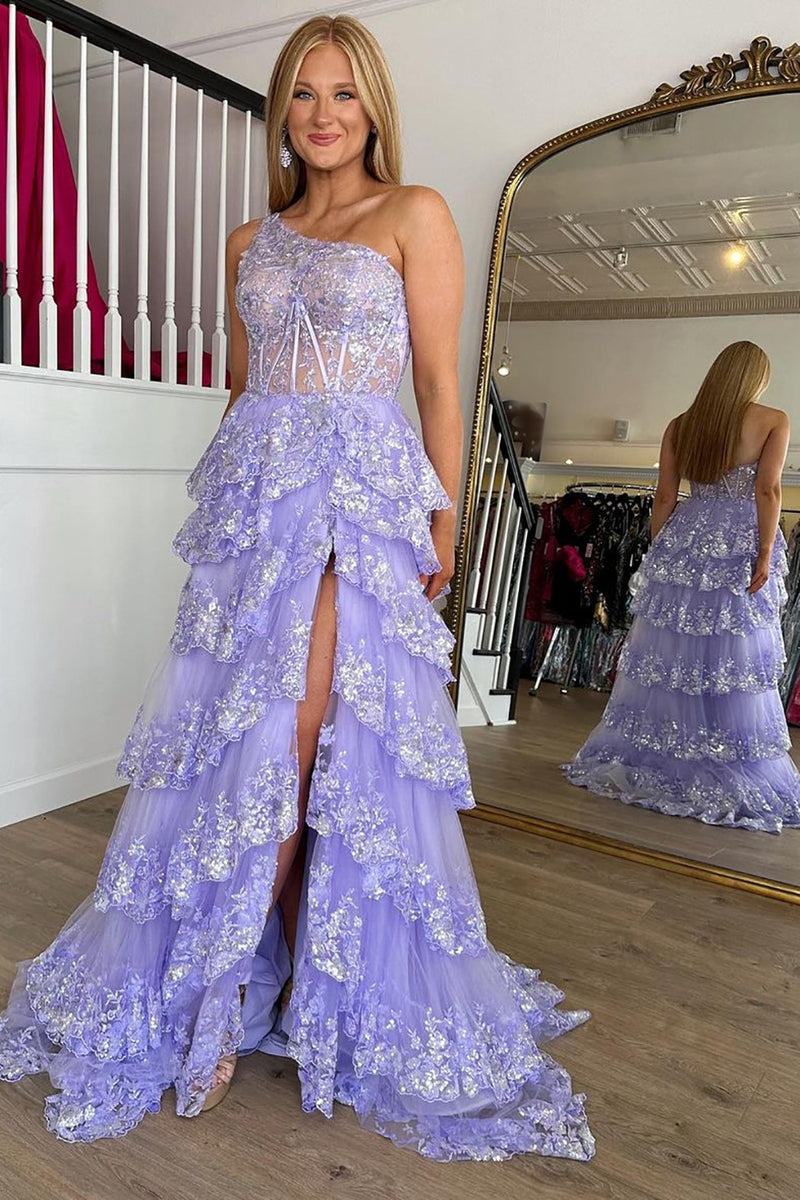 Load image into Gallery viewer, Lilac Corset Ruffled Long Prom Dress with Slit